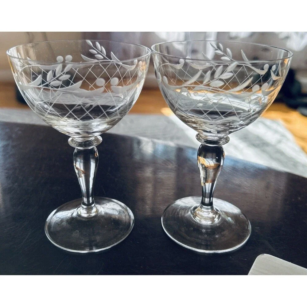 Vintage 1940 Elegant Hand‎ Engraved Czech Bohemian Crystal Coupes